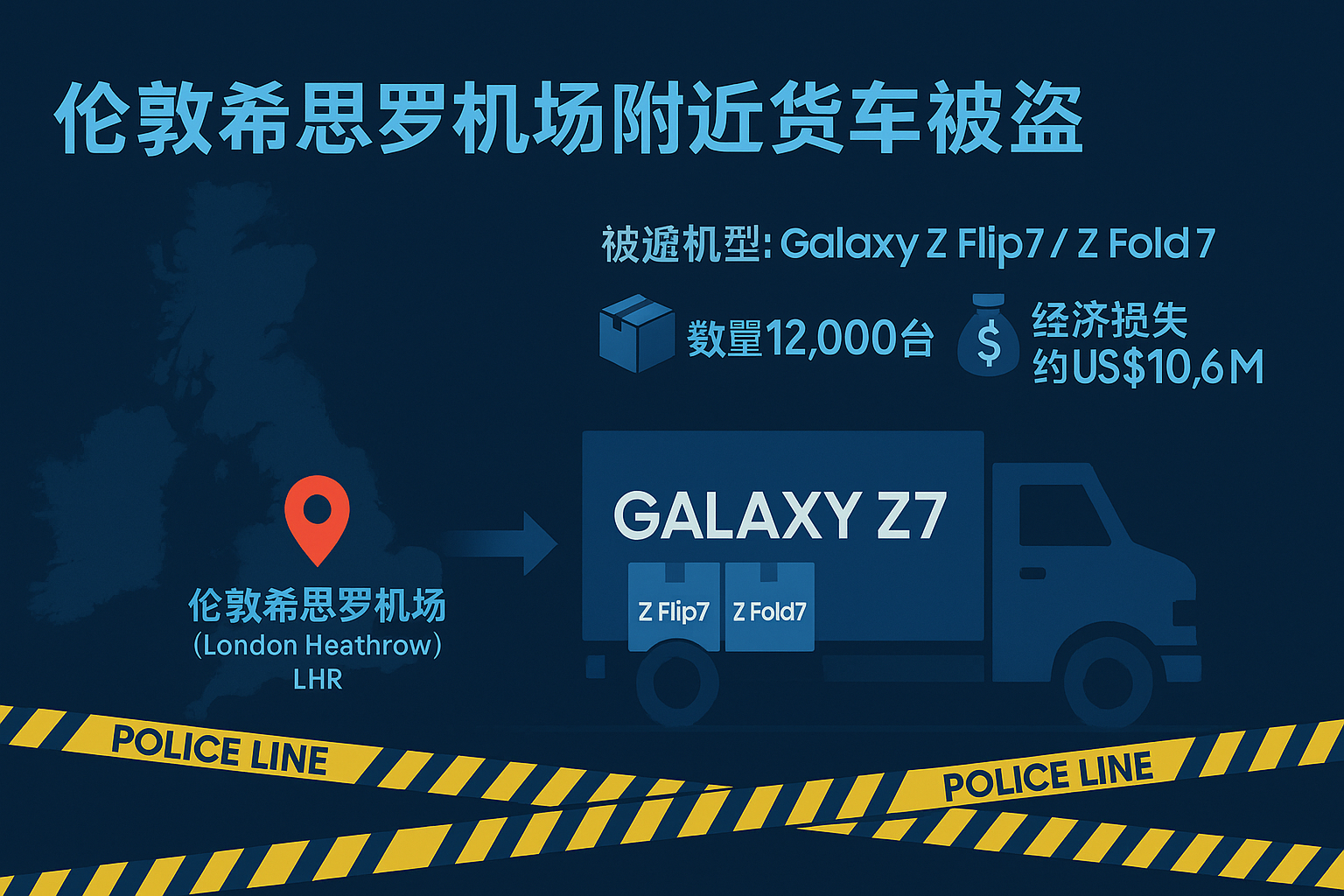一辆载有三星电子最新折叠屏手机 Galaxy Z7 系列的卡车最近在伦敦希思罗机