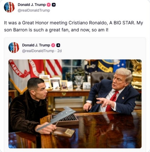特朗普当地时间24日再次发文称赞C罗：“认识C罗是我的莫大荣幸，一位真正的巨星。