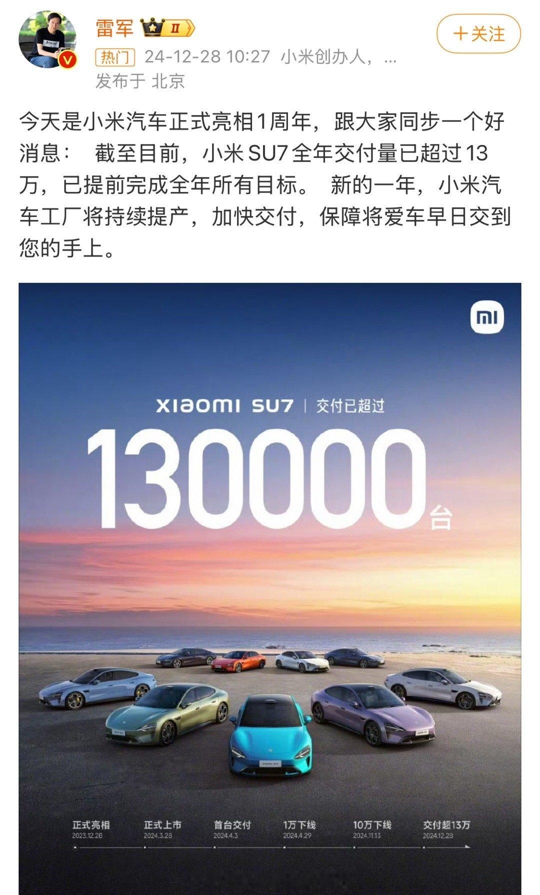 小米SU7交付提前完成年度目标 今年雷军可以过个好年了，对粉丝对投资人对自己都算