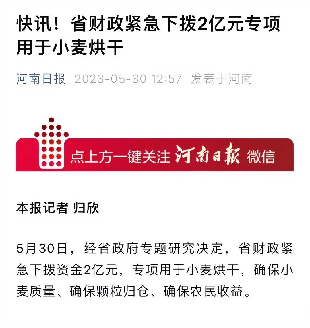 太给力了！河南省紧急拨款2亿用于小麦烘干！

自25号以来，河南省连续降水，至多