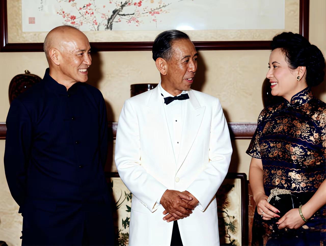 这是1950年代，蒋介石、宋美龄夫妇在台湾接待日本甲级战犯、日本首相案信介。
 