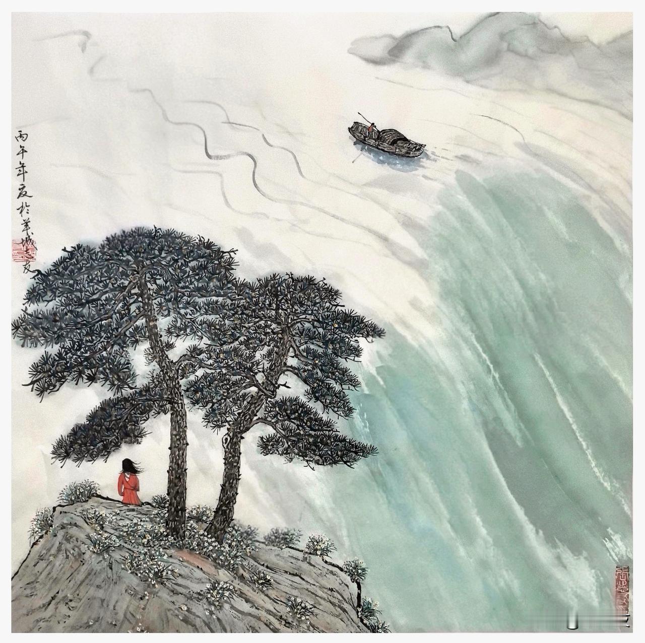 今天画到七八成时给废了，因听着小曲走了神，将岩石上湿苔点，一染色立即晕开了（要等