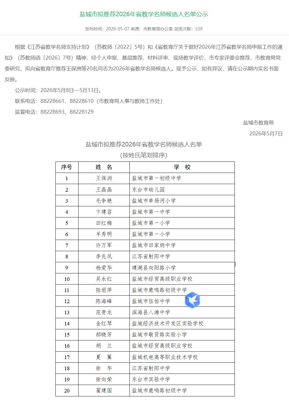 盐城市教育局发布2026年江苏省教学名师候选人推荐公示，涉及20人，分别是：王保