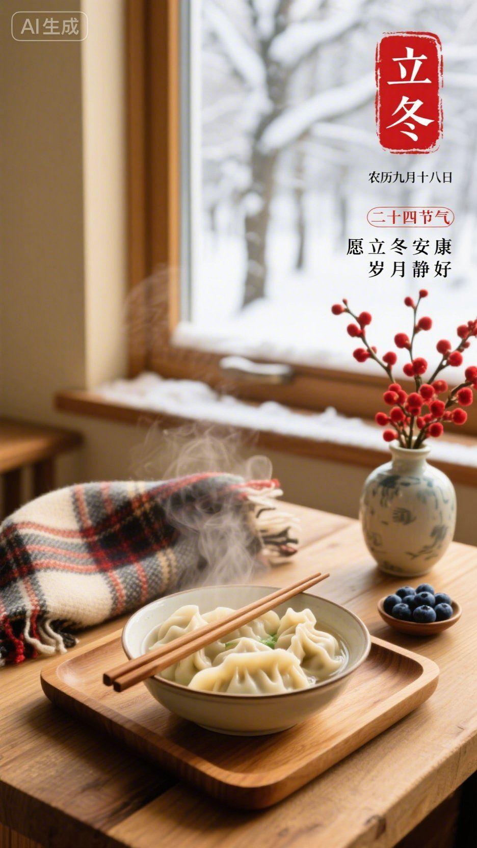 立冬到啦，愿你像冬日暖阳一样温暖，生活如雪花般晶莹，快乐如风般自由，嘿嘿，注意保