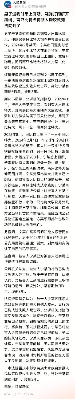 吐槽点太多了养烈性犬不牵绳咬死人判三缓三 