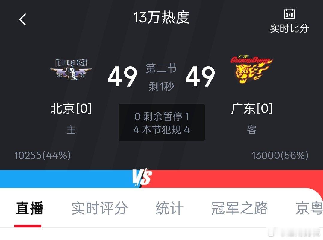 半场结束，北京北汽49-49广东东阳光。京粤大战cba季后赛北京男篮vs广东男篮