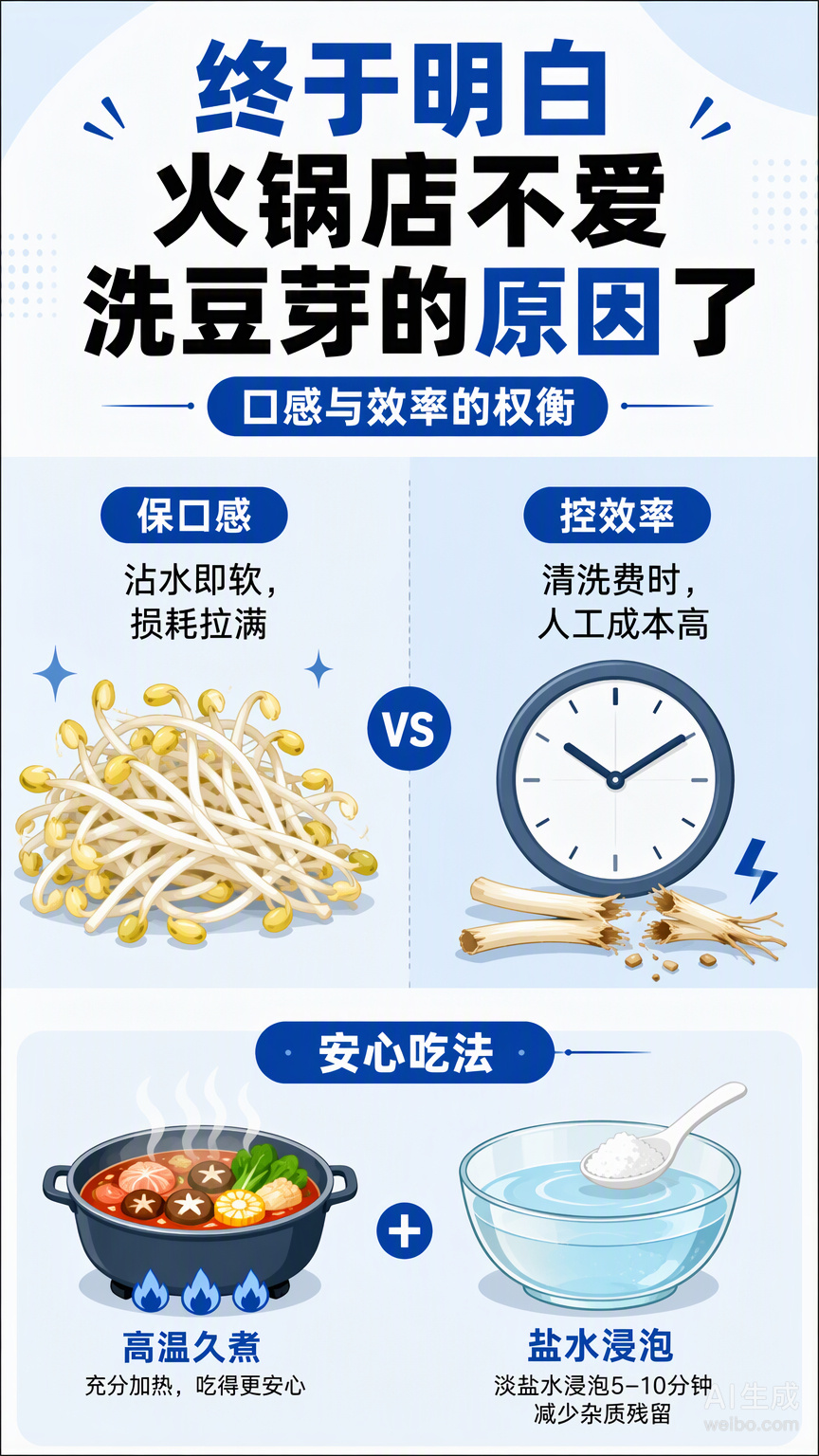 吃火锅点豆芽，总听人说“别洗，洗了就不脆了”。其实店家不洗真不是为了偷懒。豆芽含