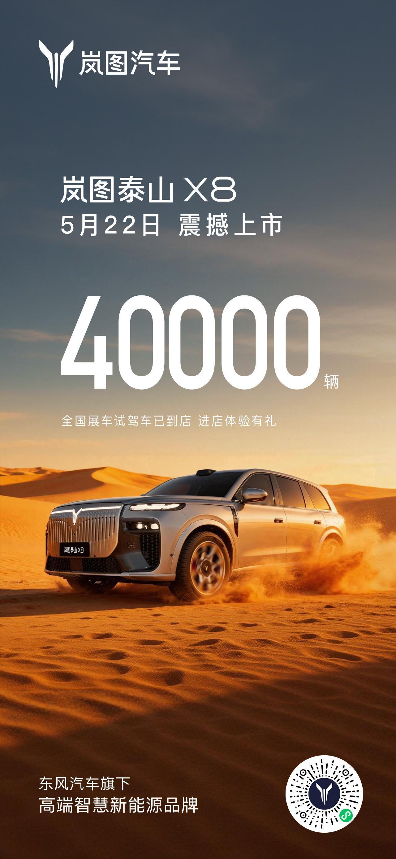 岚图泰山X8开启预售13天，累计订单超过40000台。新车将于5月22日正式上市