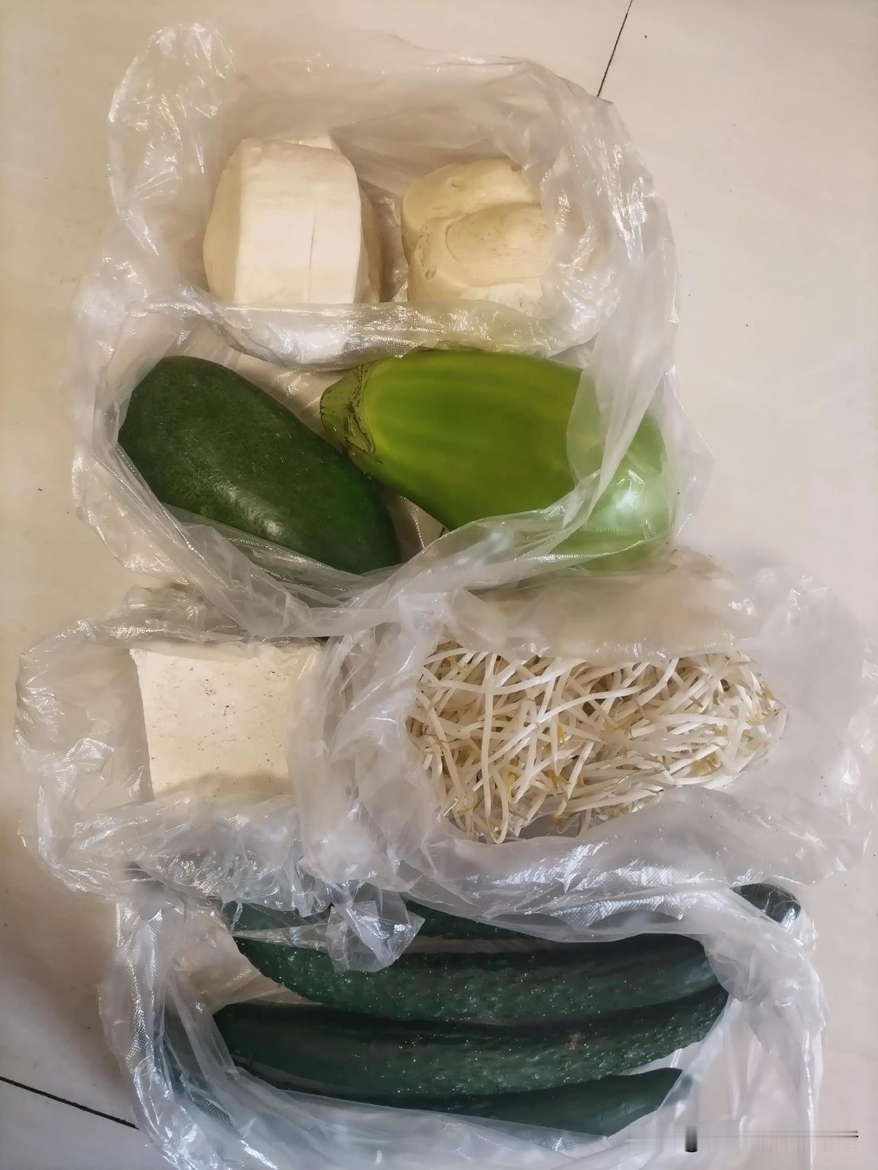 晚上出去买了

两袋子菜，

没想到一算，才

11块多，还不到12块。
———