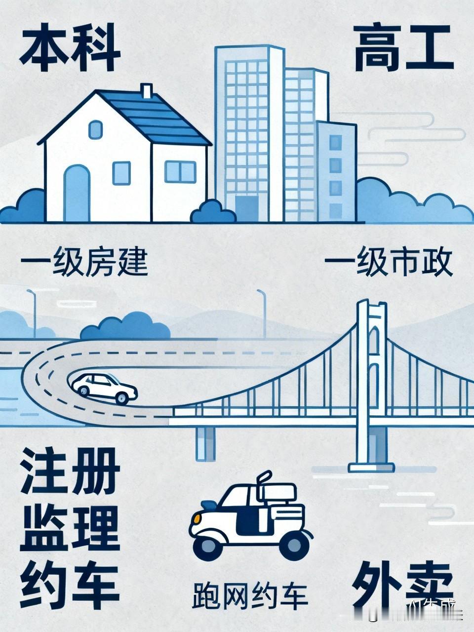 本科，高工，一级房建，一级市政，注册监理，跑网约车，外卖！