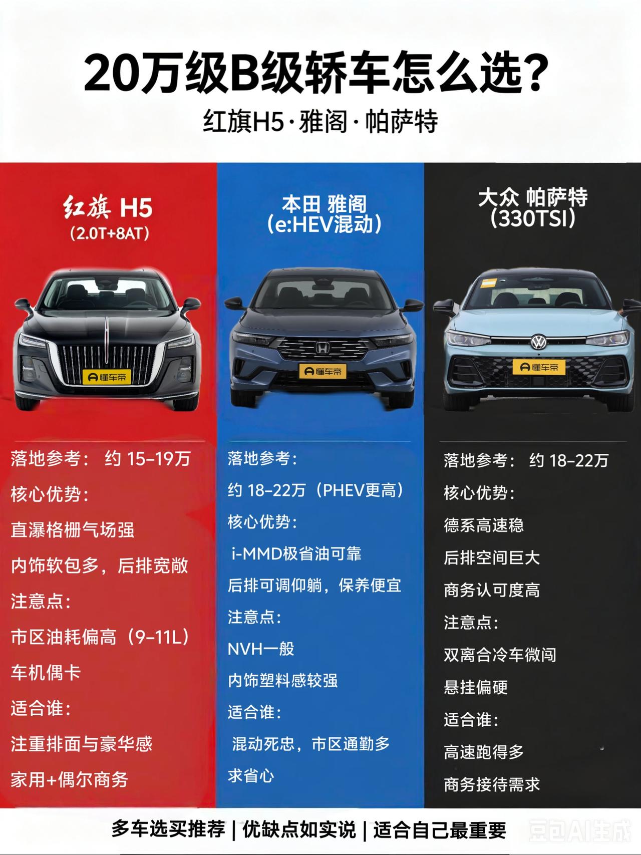 20万级B级轿车绕不开这三位！红旗H5、雅阁、帕萨特真实对比
帮老丈人选换购车，