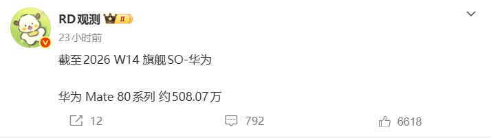 消息称华为Mate 80系列手机销量约508.07万，Iphone17系列约为2721万台