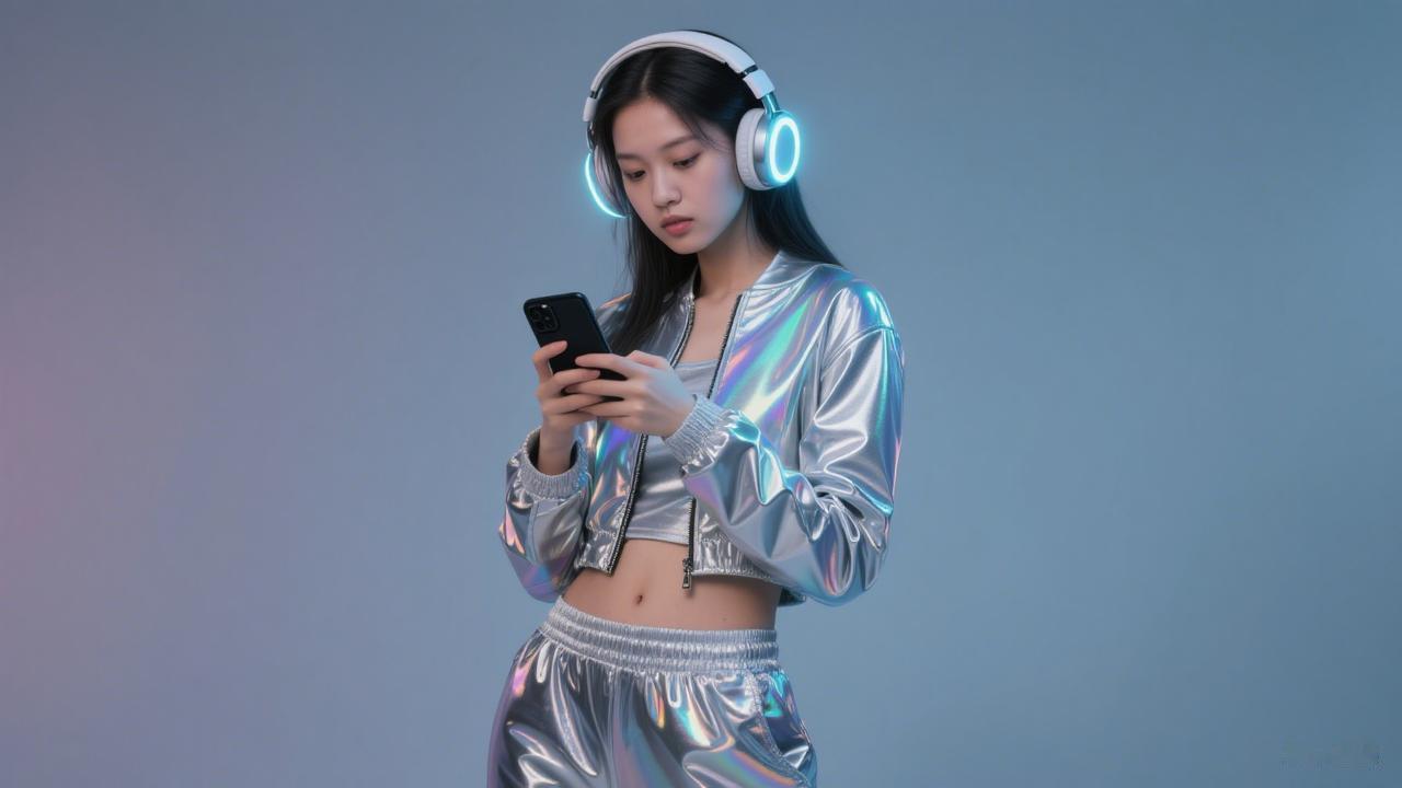 AI美女真好看美女海伦头戴发光耳机，身着银色短款露脐夹克、同材质束脚裤，质感如镜