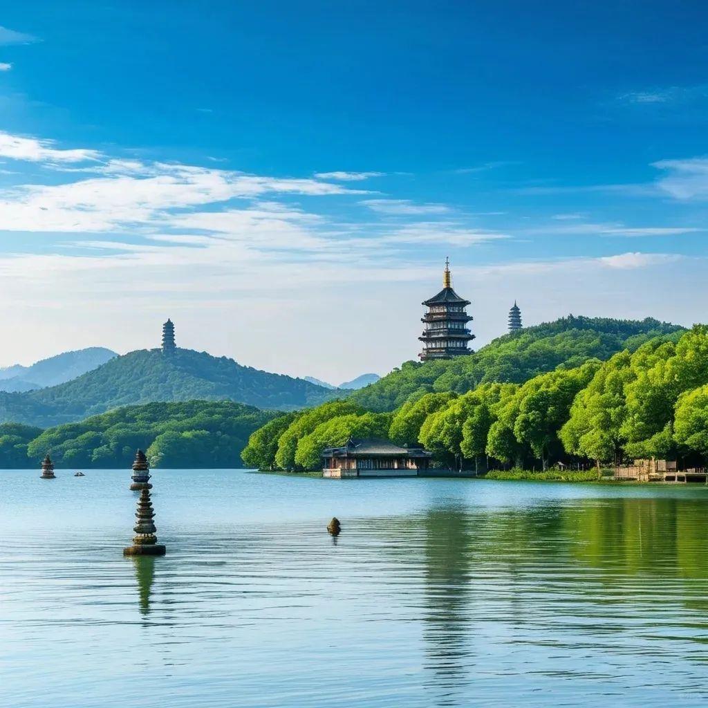 湖光塔影：西湖的静谧与壮丽

三潭印月位于中国浙江省杭州市西湖景区，是西湖十景之