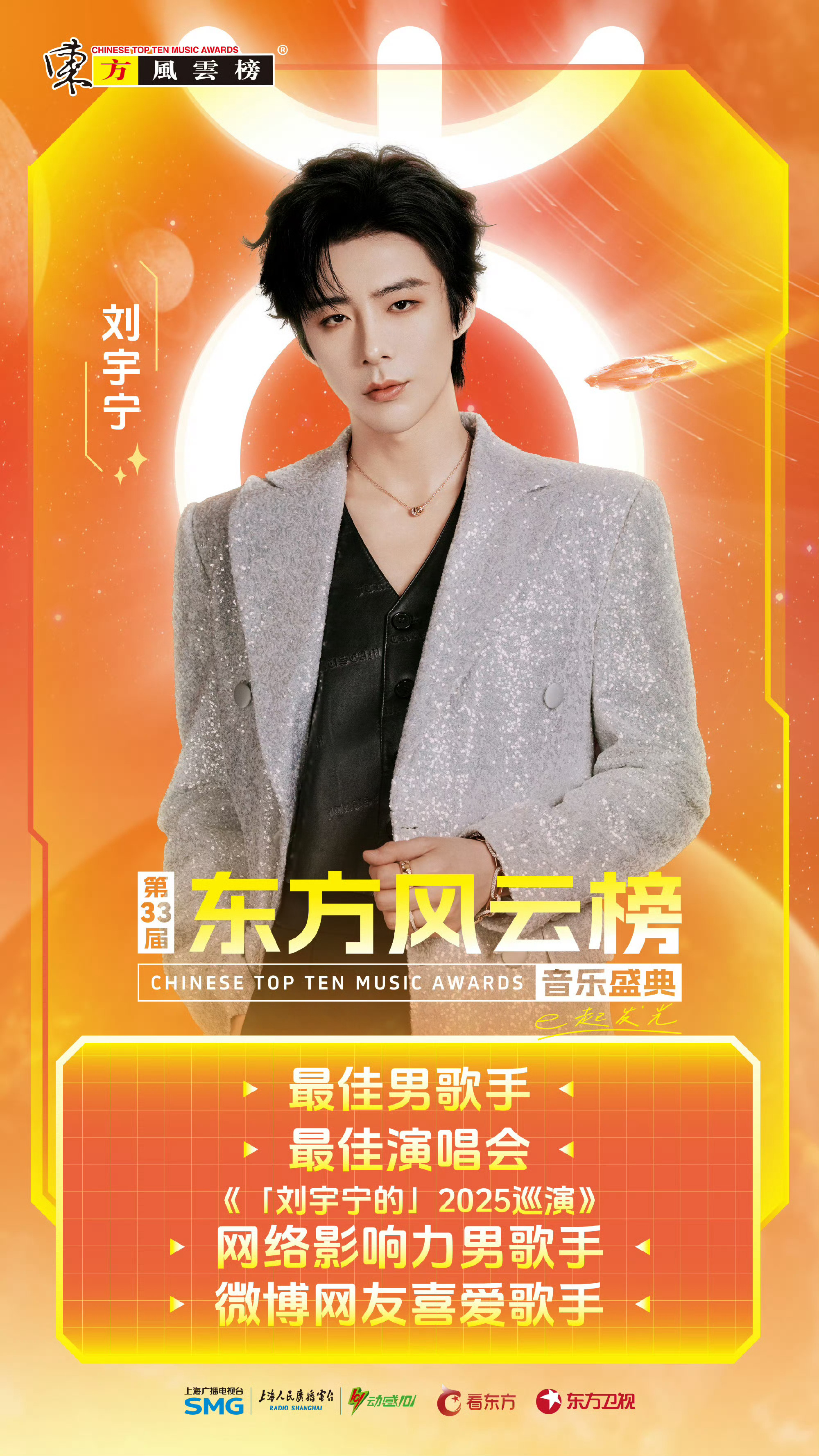 摩登兄弟  恭喜刘宇宁荣获第33届东方风云榜“最佳男歌手”“网络影响力男歌手”“