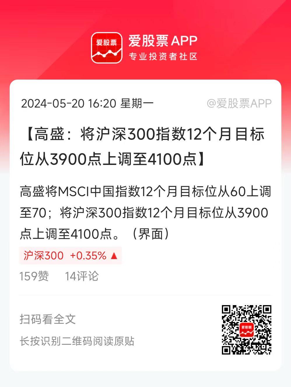 高盛又唱多A股，提高了沪深300的目标点位。从从3900点上调至4100点，距离