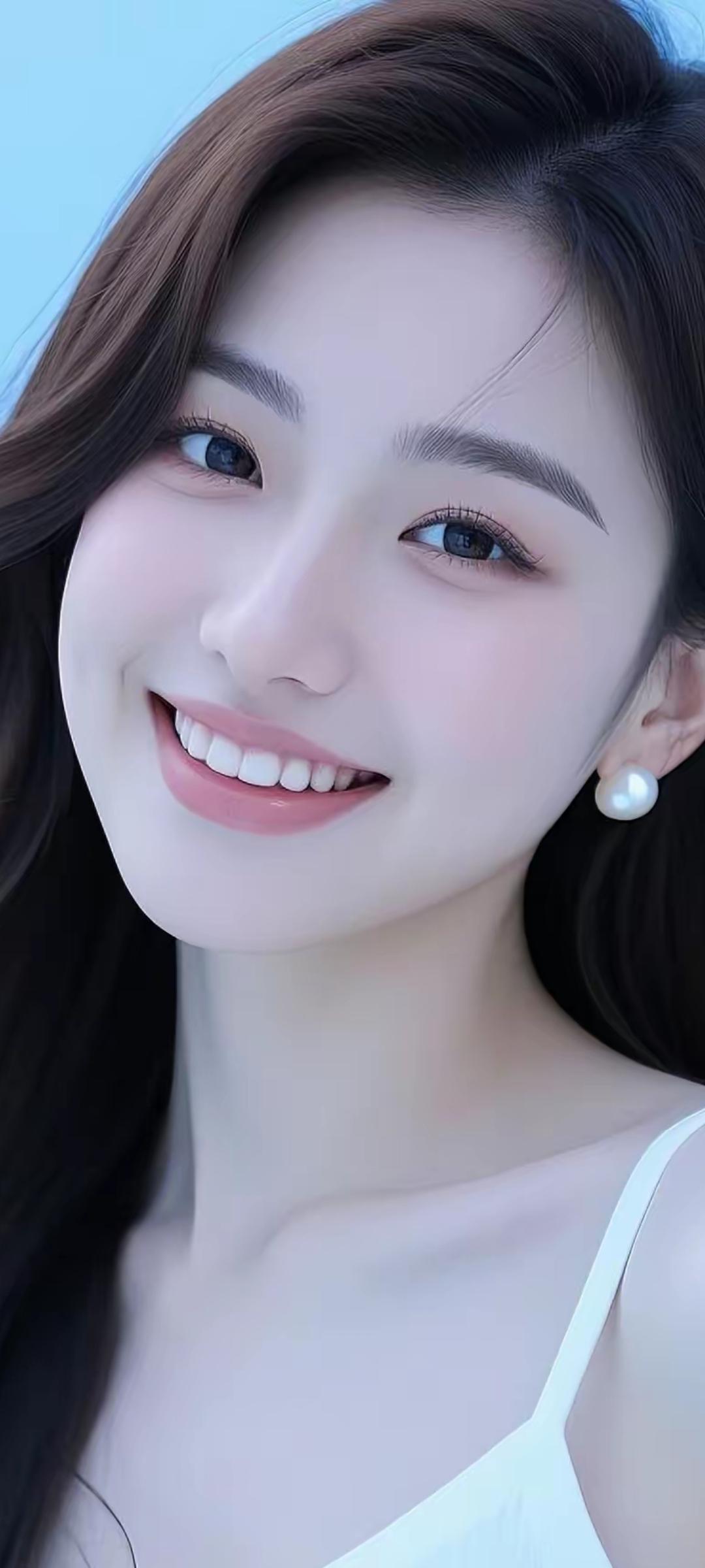 甜美笑容，珍珠耳环，清新自然，元气满满！😊✨