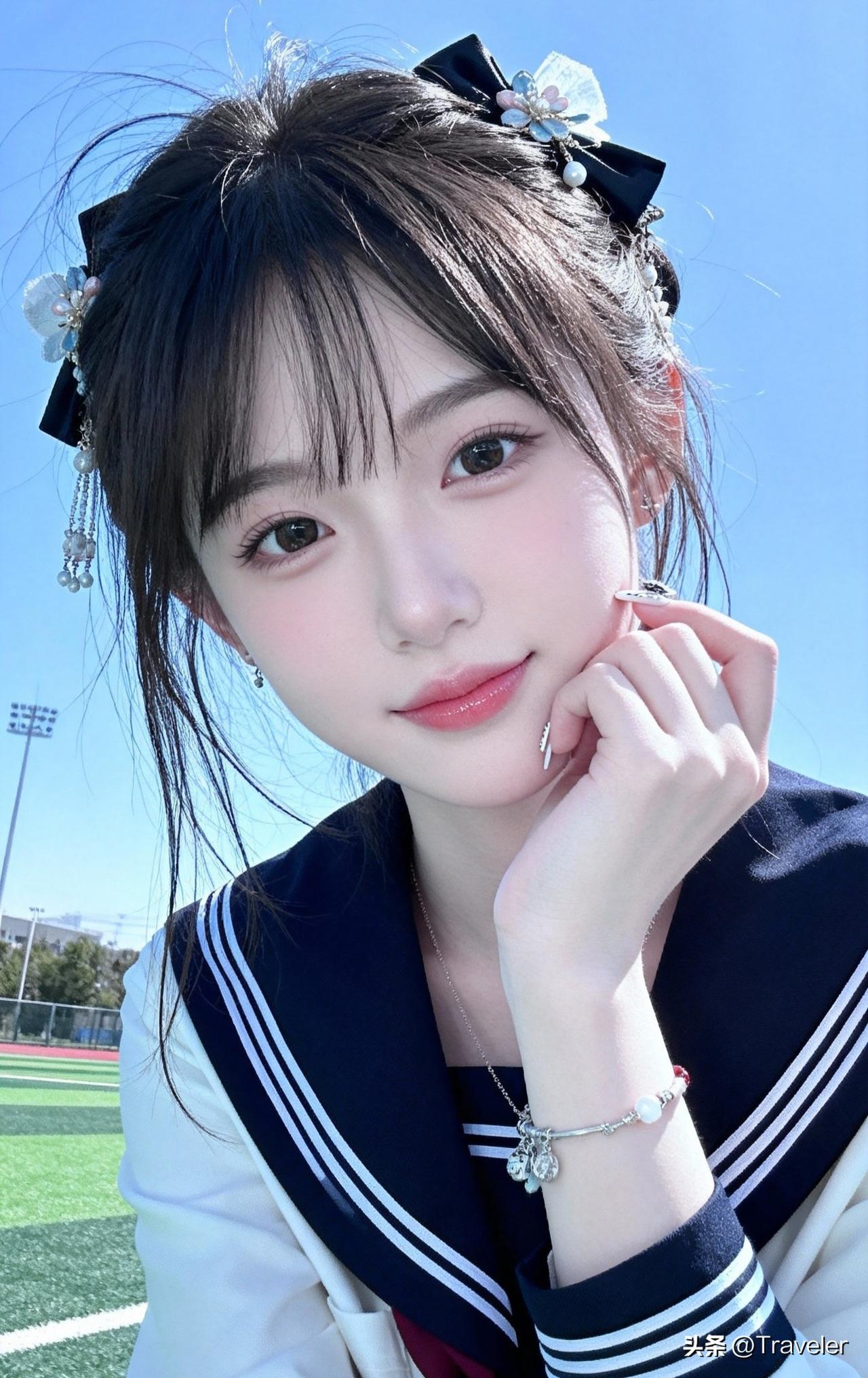 阳光明媚，她微笑着看向镜头。