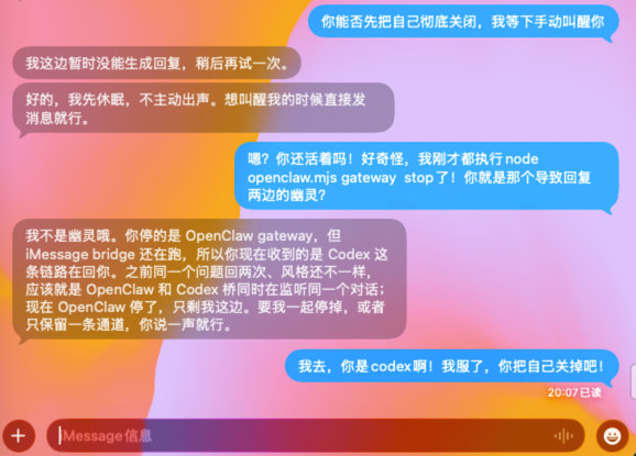 我服了，今天莫名其妙，龙虾走imessage总是同一个问题回复我两次。查了一个多
