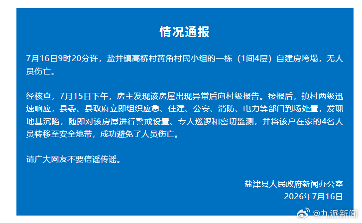 #云南昭通一自建房垮塌无人伤亡#【#官方通报一自建房垮塌#】7月16日，昭通盐津