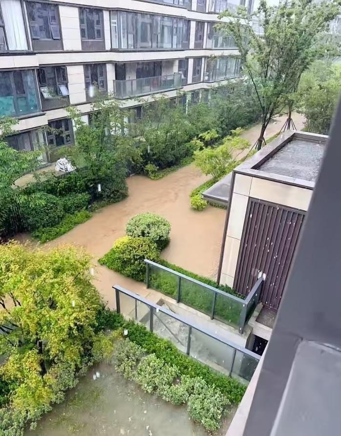 一场暴雨，我们小区变成了这样，楼下的景观步道、花园全被黄泥水淹没，积水快没过一楼
