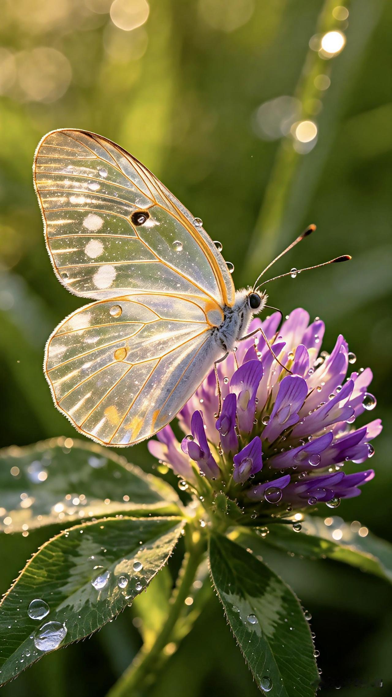 瓢虫、蜻蜓与蝶影，停在晶莹露珠缀满的绿叶上，在光影里温柔栖息。