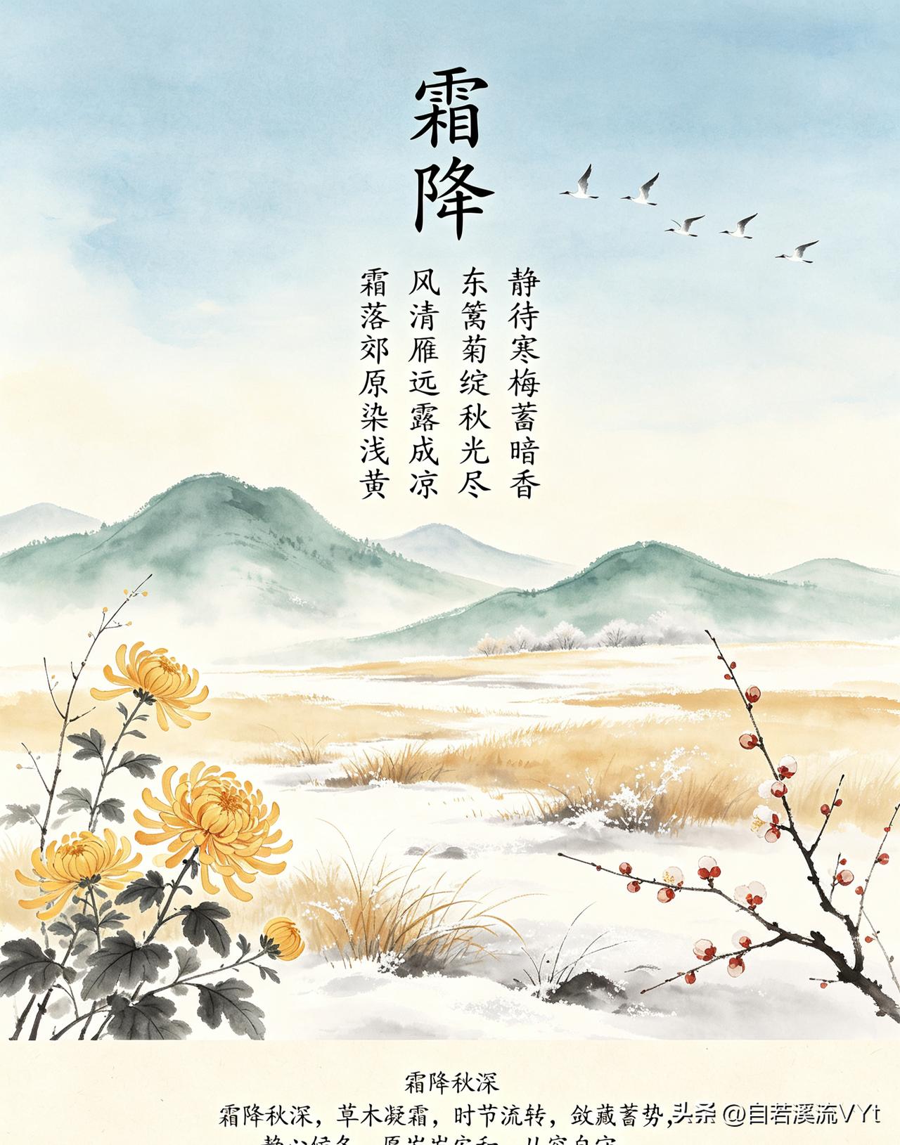七言·霜降
 
霜落郊原染浅黄，
风清雁远露成凉。
东篱菊绽秋光尽，
静待寒梅蓄