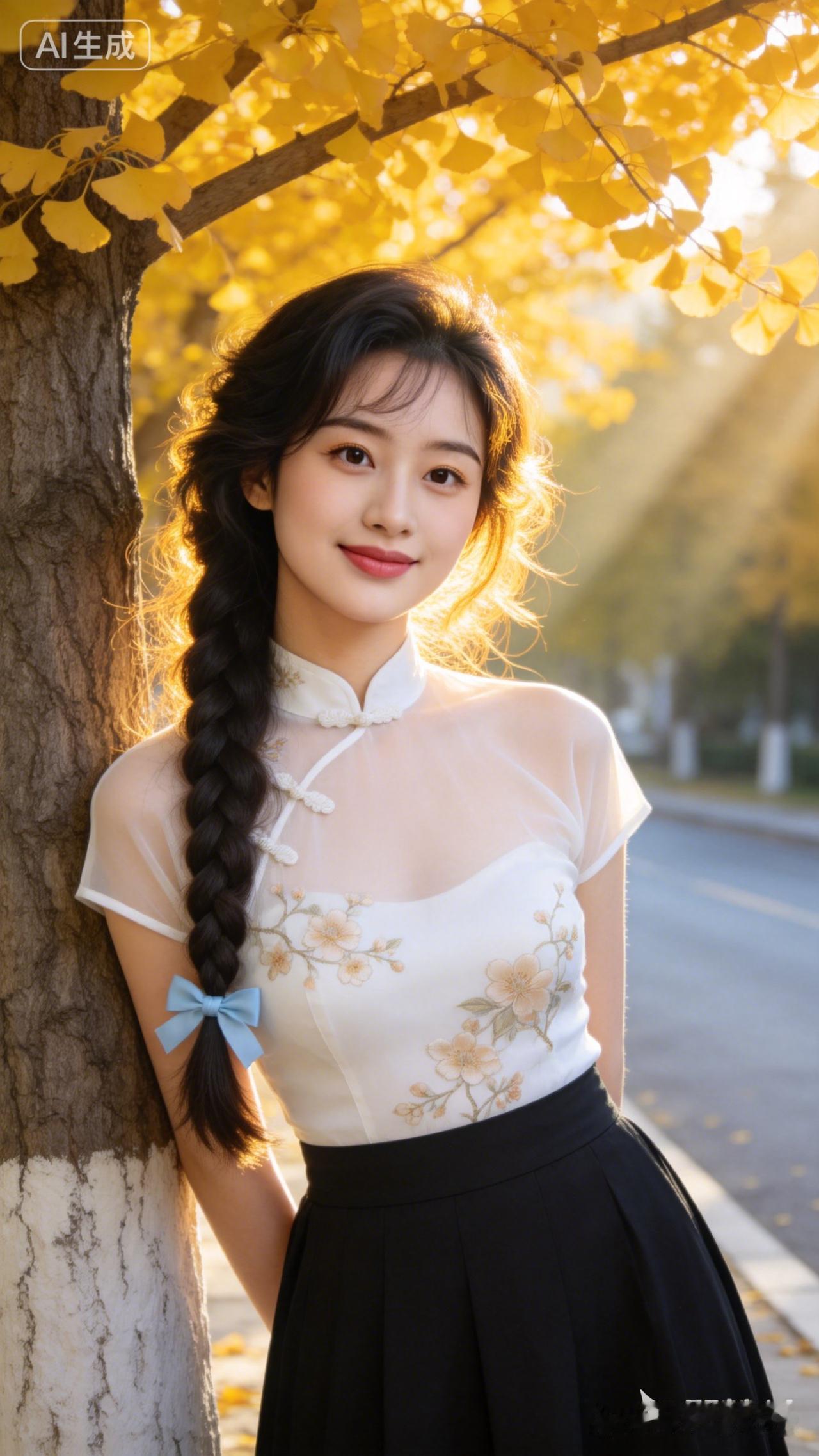 秋日暖阳下，少女与银杏树共舞！
