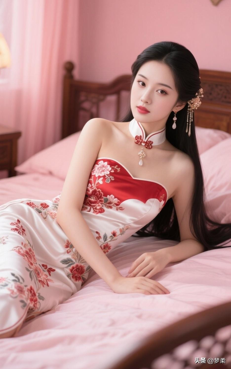 古典美人卧榻，红白相间旗袍，优雅动人