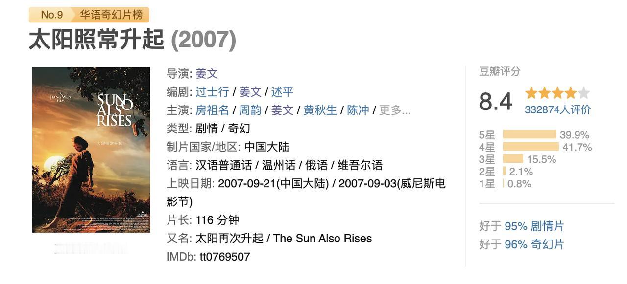 陈奕迅在演唱会上说他也看姜文的电影《太阳照常升起》。

第一遍的时候，他没有看懂