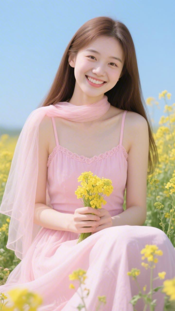 春日野餐，粉裙少女与花海相映成趣🌸🌼