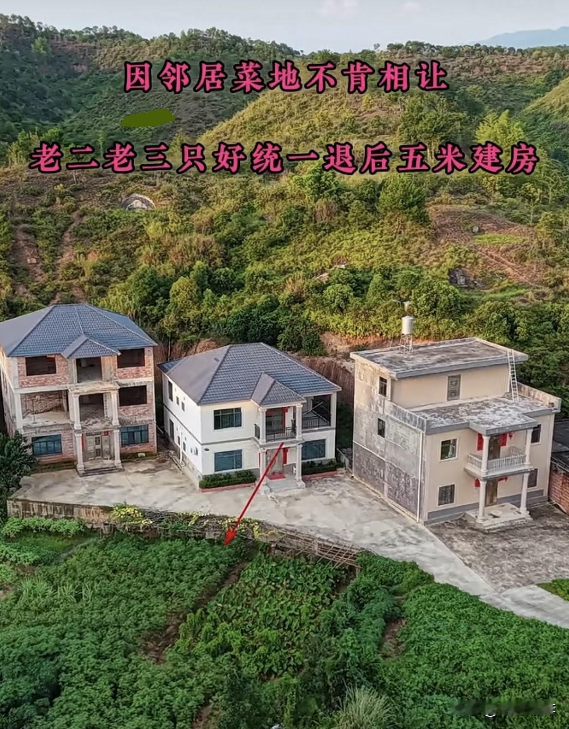 因邻居菜地不肯相让，
老二老三只好统一
退后五米建房🏠
三栋房子不能并排建，