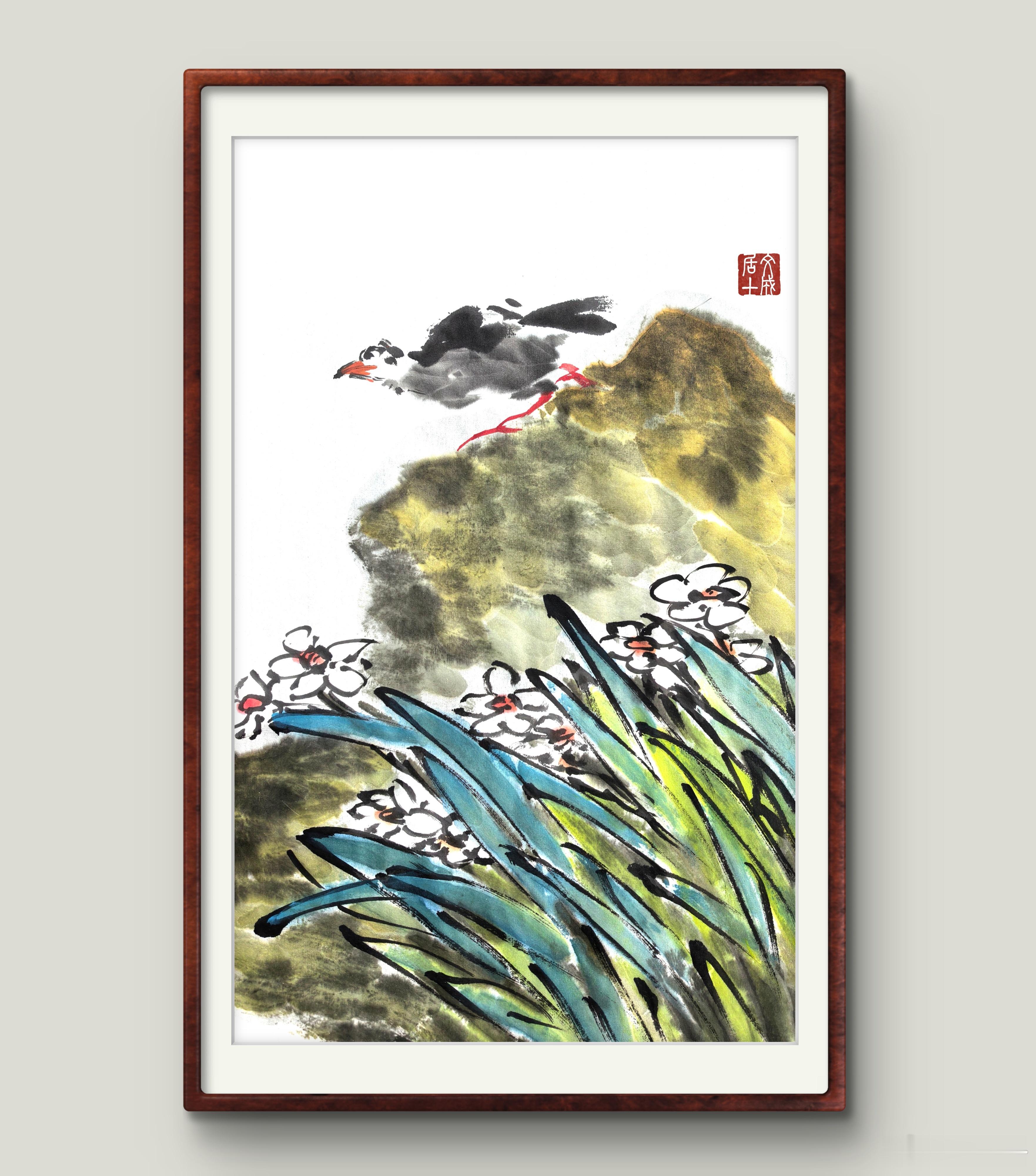 题水仙栖禽图翠叶素花倚石丛，苔岩独立野禽风。无尘自有清幽骨，静对芳华意自融。生活