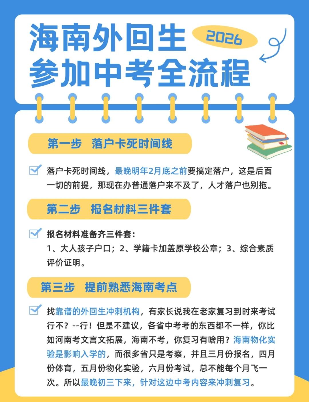 海南外回生中考，三步搞定！
海南外回生中考，一分钟了解全流程。
第[一]步，落户