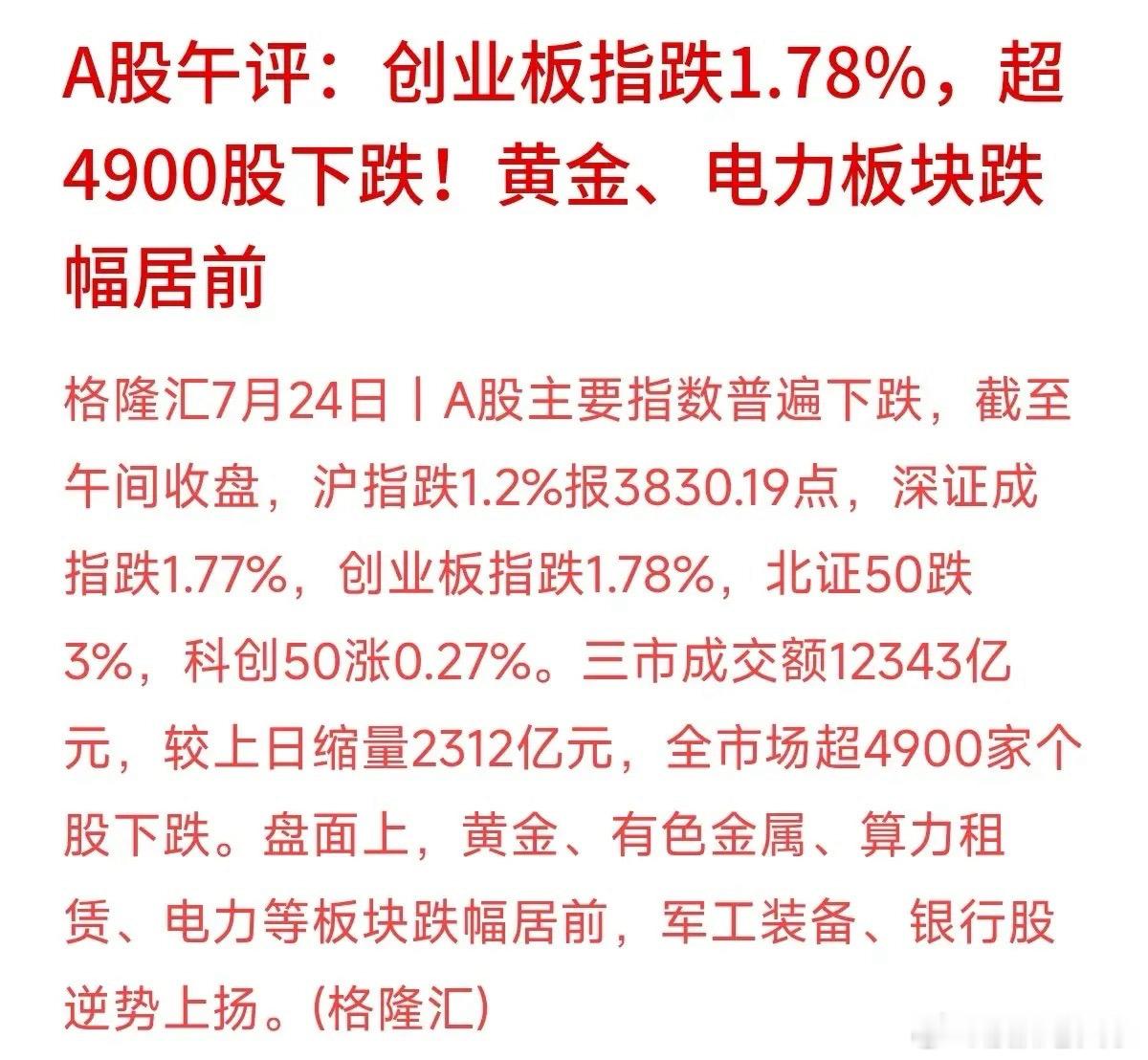 黄金、电力板块突然领跌！之前不少人眼里的“避险港湾”怎么也调整了？24号午盘A股