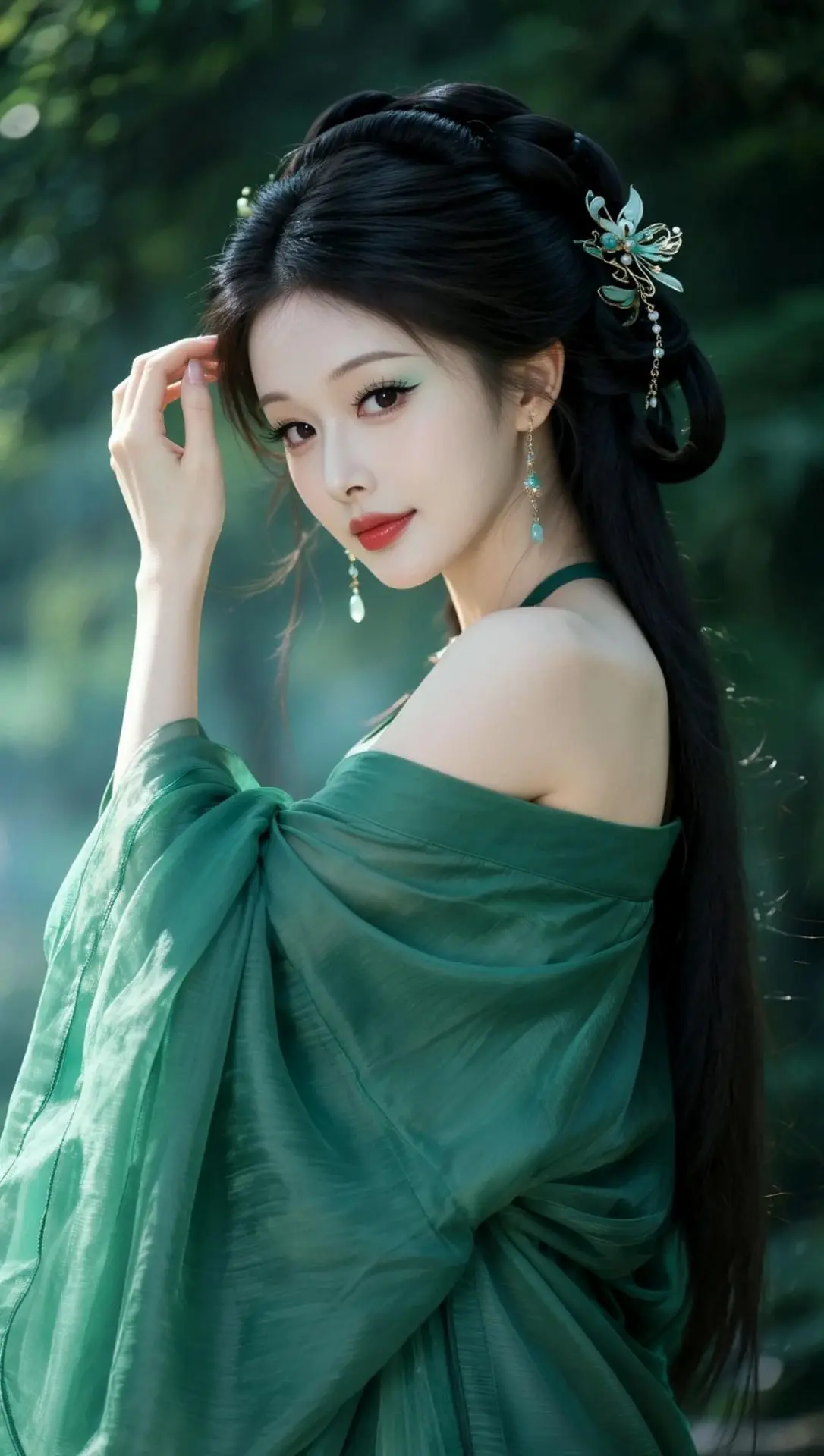 AI墨绿古风照 ai创作 ai绿衣簪发佳人 绿衣汉服 汉服绿色系