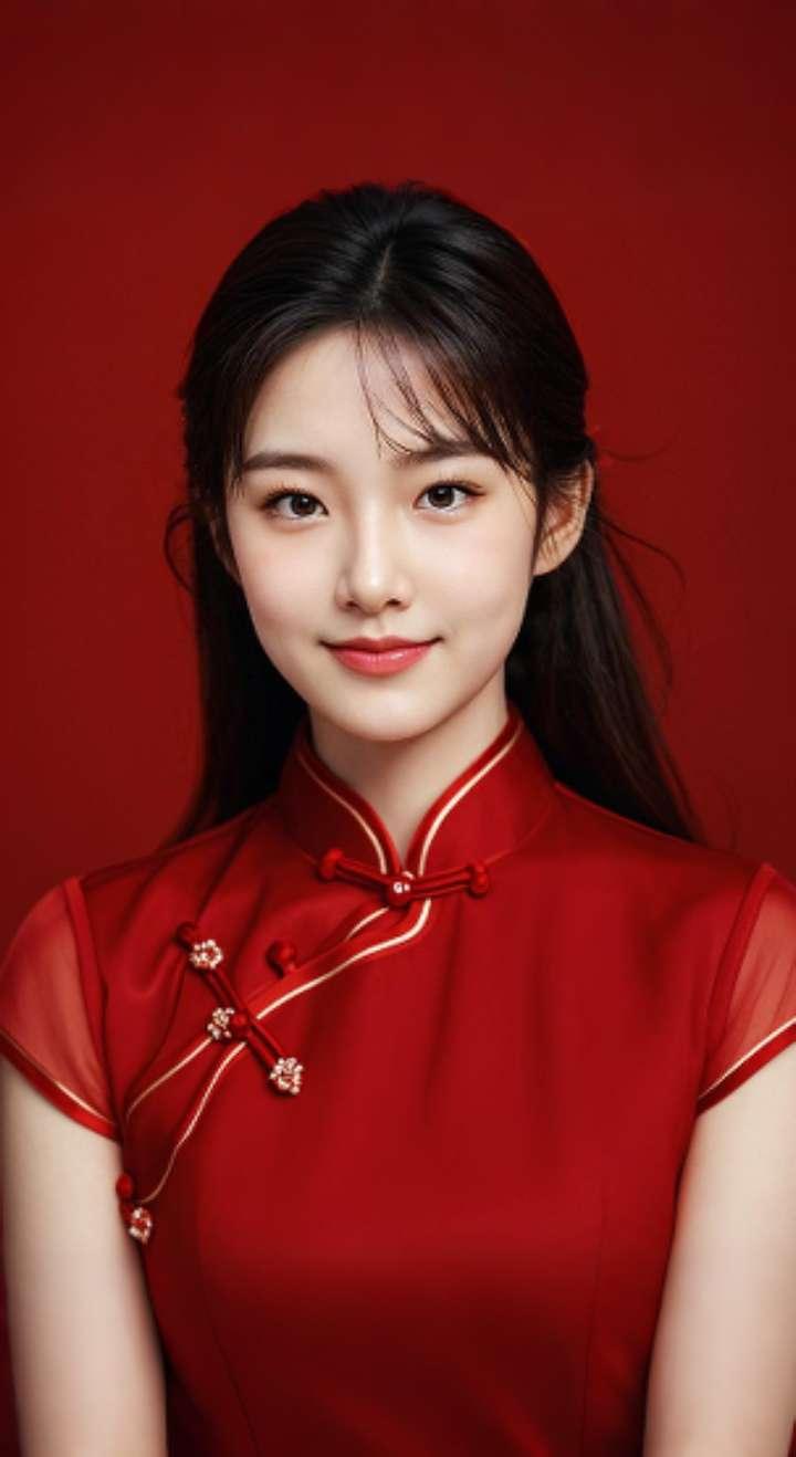 AI扩图 AI红裙浅笑