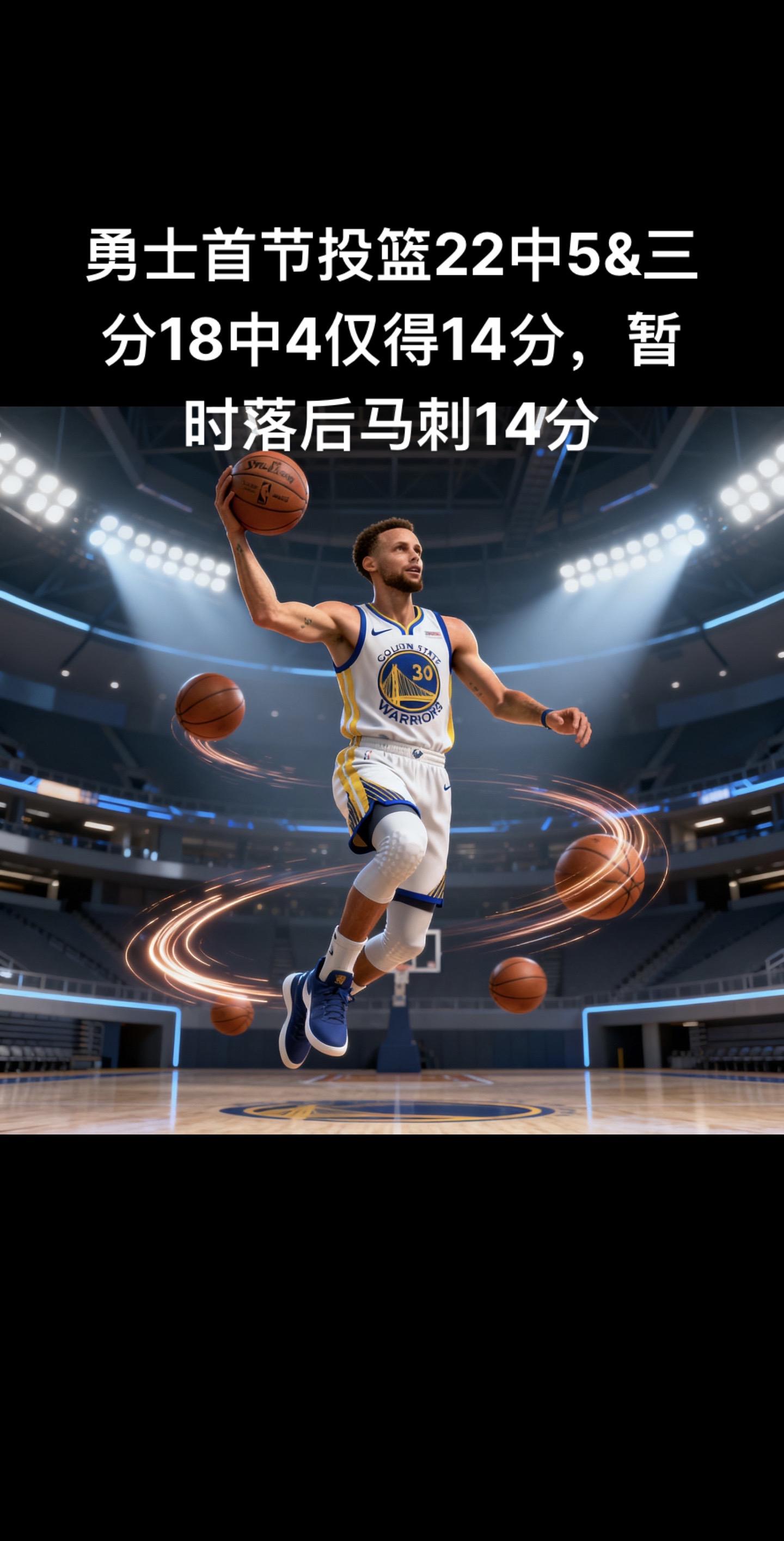 勇士队首节表现不佳，投篮22中5，三分球18中4，仅得到14分，暂时落...