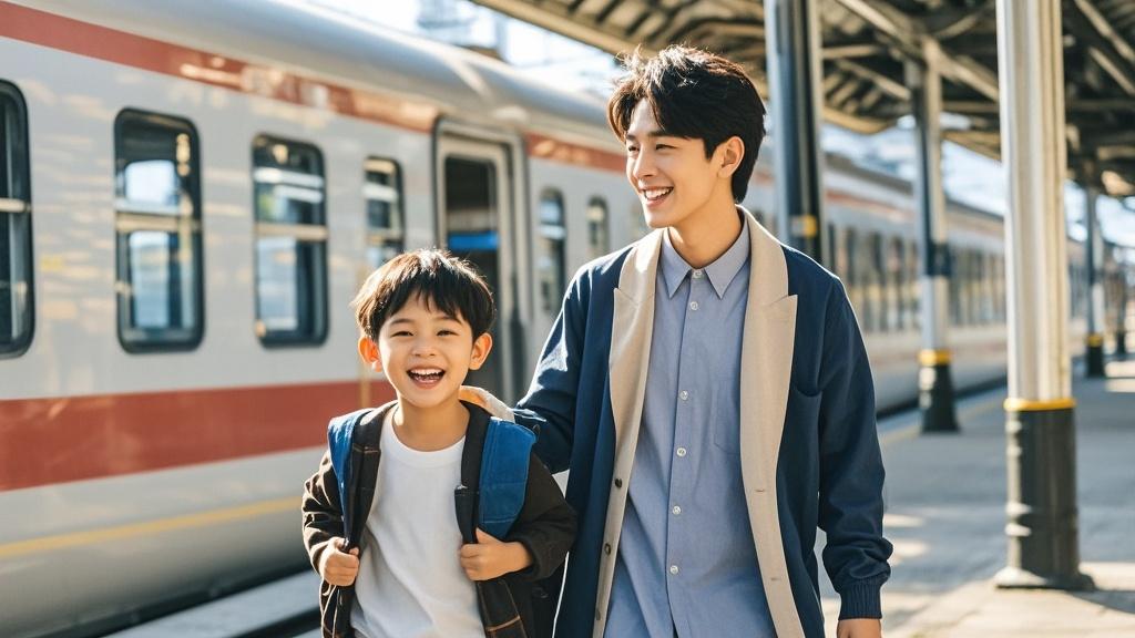 林北扛着“人形行李”憨笑出发
 
清晨的车站人声鼎沸，林北的身影格外惹眼——他宽