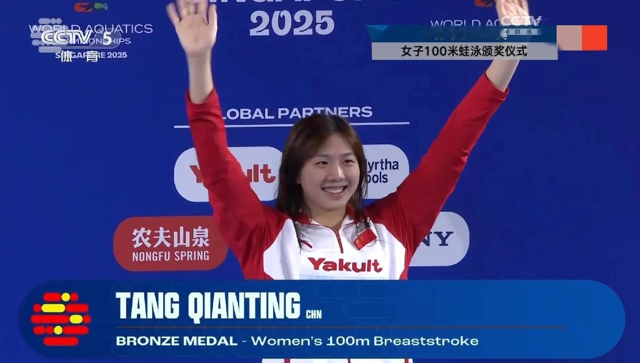 唐钱婷摘铜！
2025新加坡世界泳联锦标赛，女子100米蛙泳决赛，唐钱婷在前半程