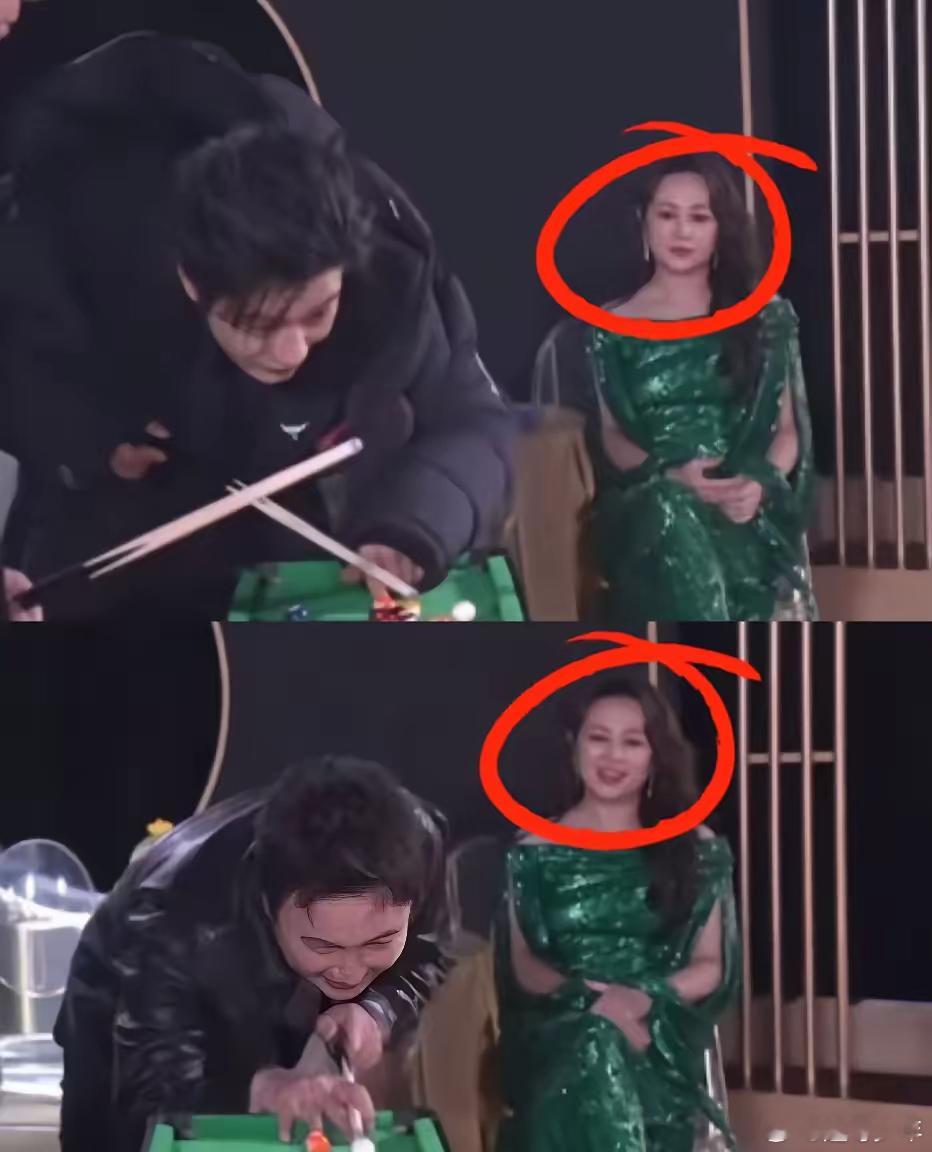 简直笑得不行了，谁懂啊，果然面对的人不一样，马丽的表情是不一样的看黄晓明打台球的