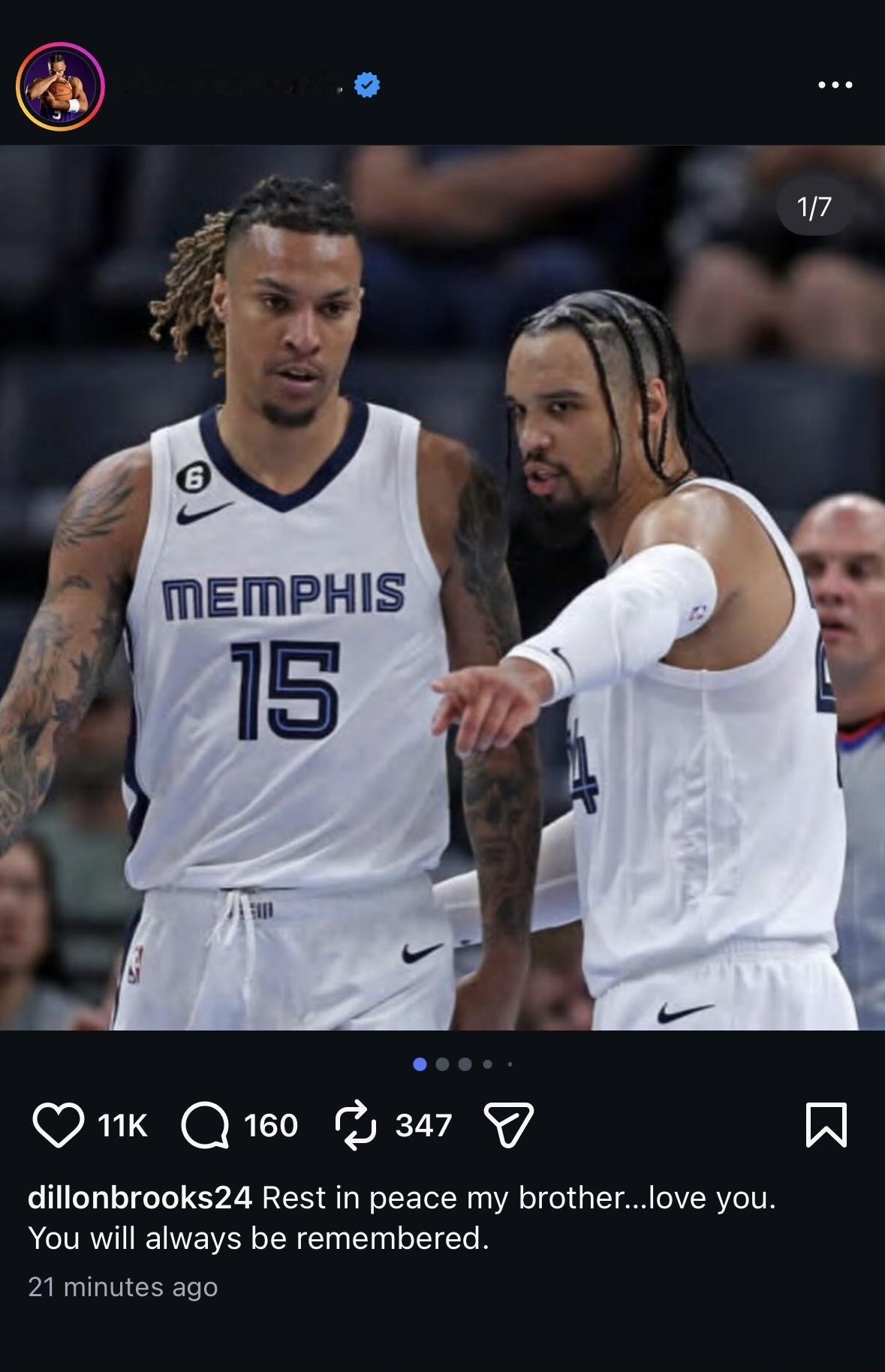 NBA狄龙 在 Instagram 上发文悼念他的灰熊前队友布兰登克拉克——“安