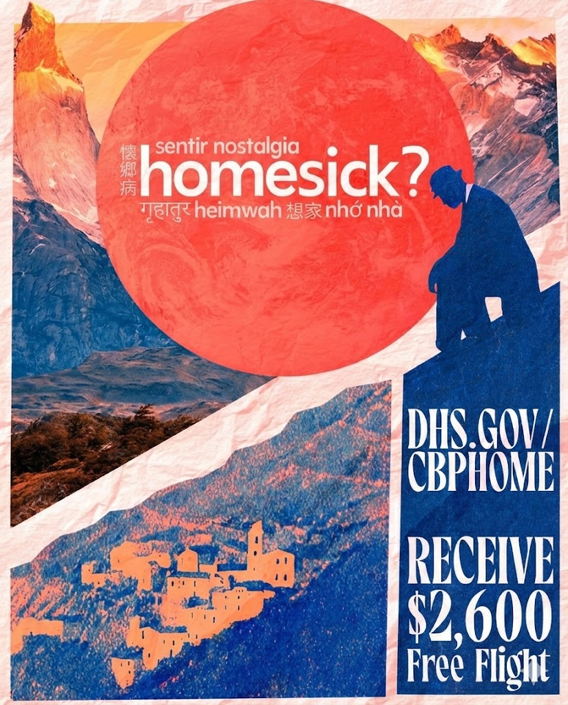 美国国土安全部海报，使用不同语言，劝非法移民回家，免费单程机票加2600美金奖励