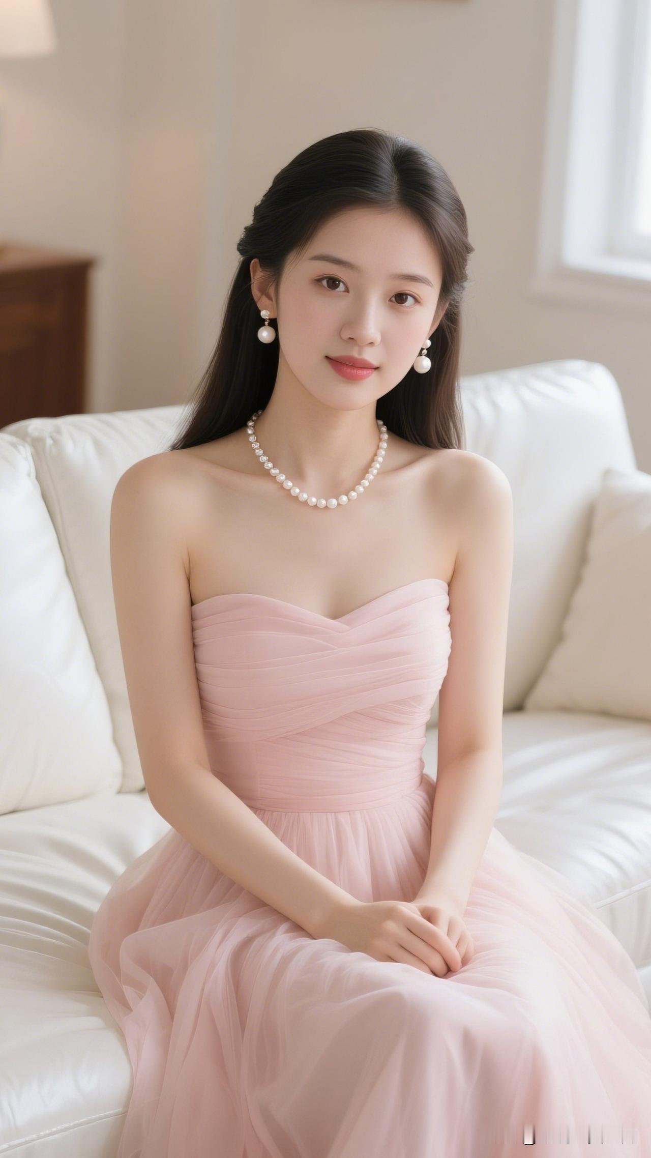 玉人如花，珠光似月。分享你心中的女神 优雅粉色礼服，珍珠项链点缀，坐在白色沙发上