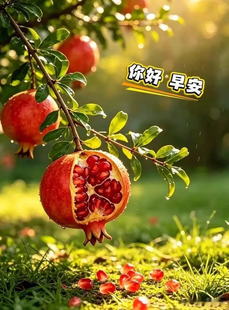 晨光沐石榴，粒粒皆丰盈。
愿日子红红火火，喜乐常伴，你好，早安！