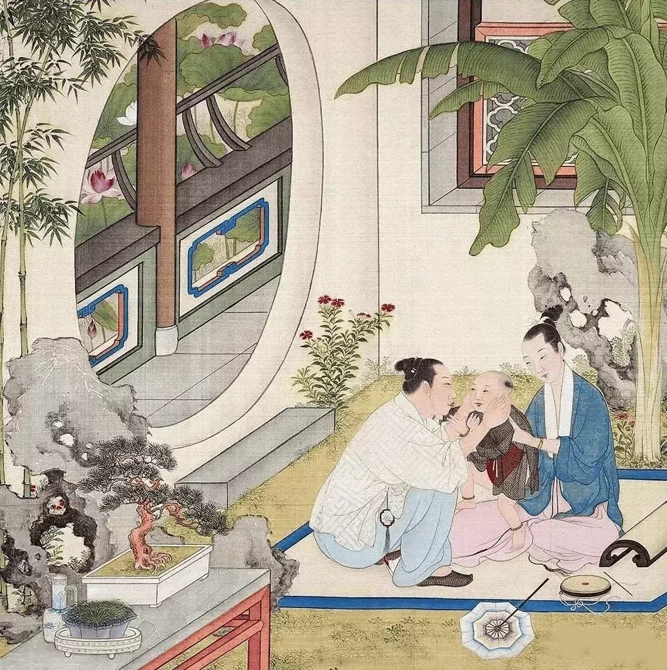 清 佚名《燕寝怡情册》，此册描绘的是古代贵族的家居生活场景，大概是亲王级别的，这