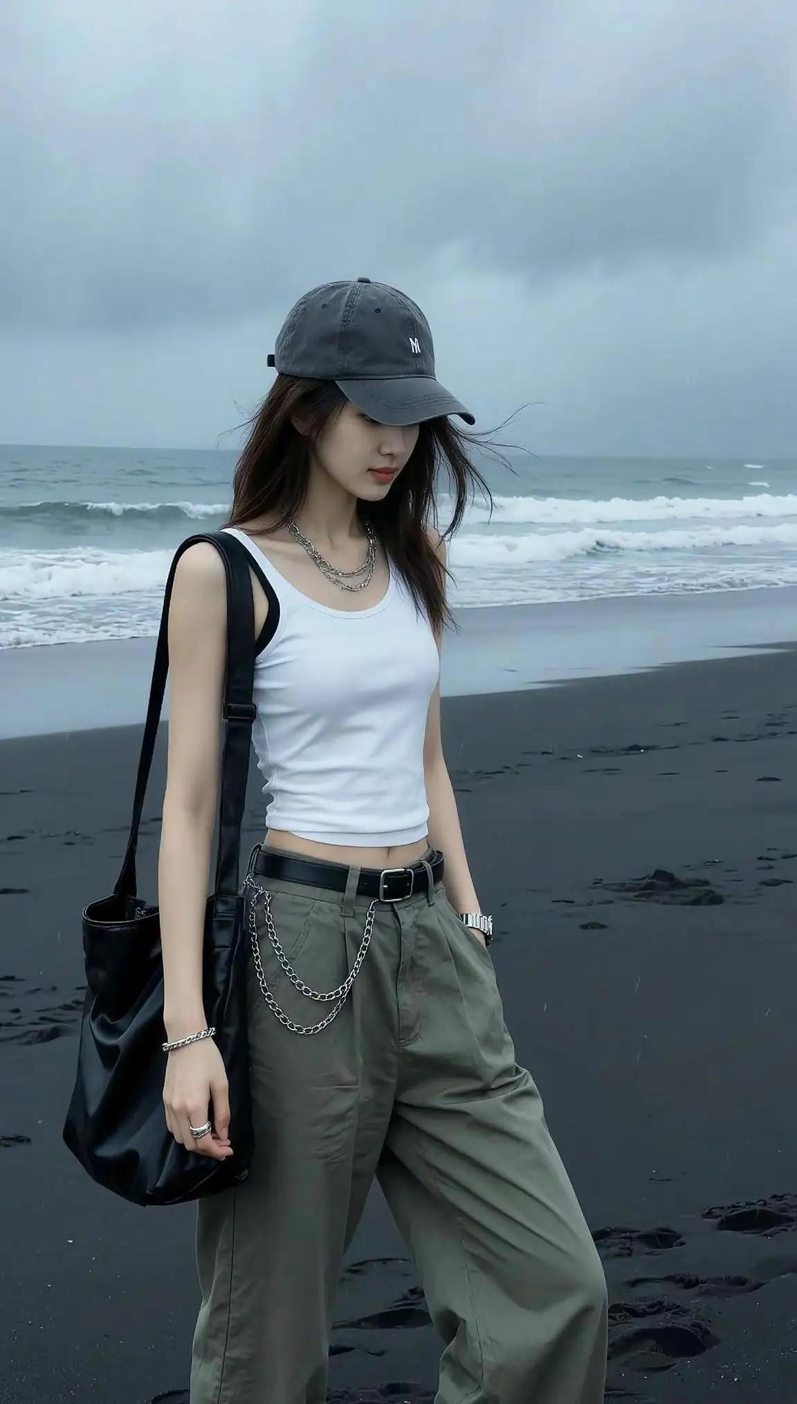 海边漫步，帅气帽子搭配白色背心和宽松裤子，时尚又舒适！🌊👒👗👖