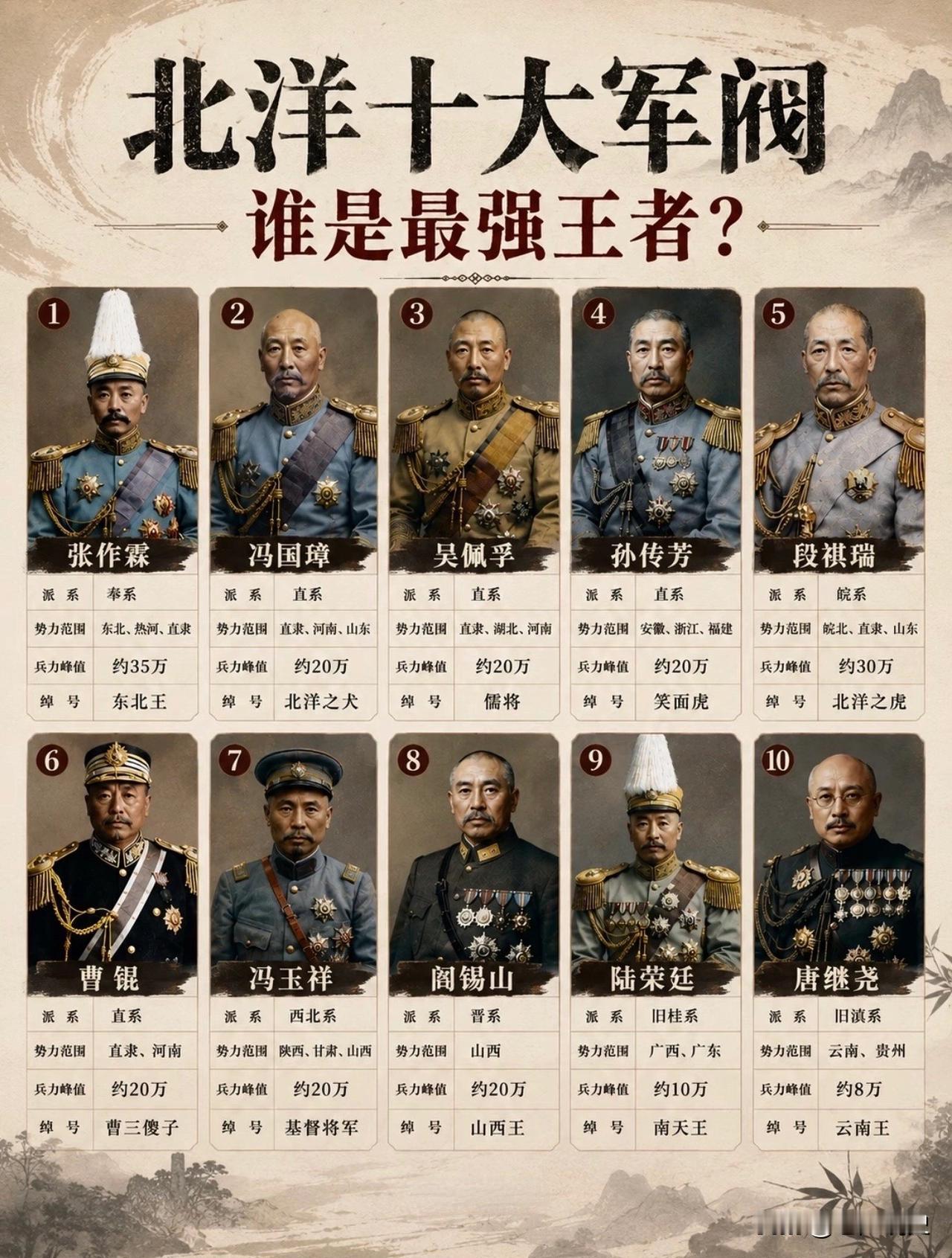 北洋时期十大军阀，奉系军阀东北王张作霖兵力最强，控制疆域最广；直系军阀吴佩孚战力