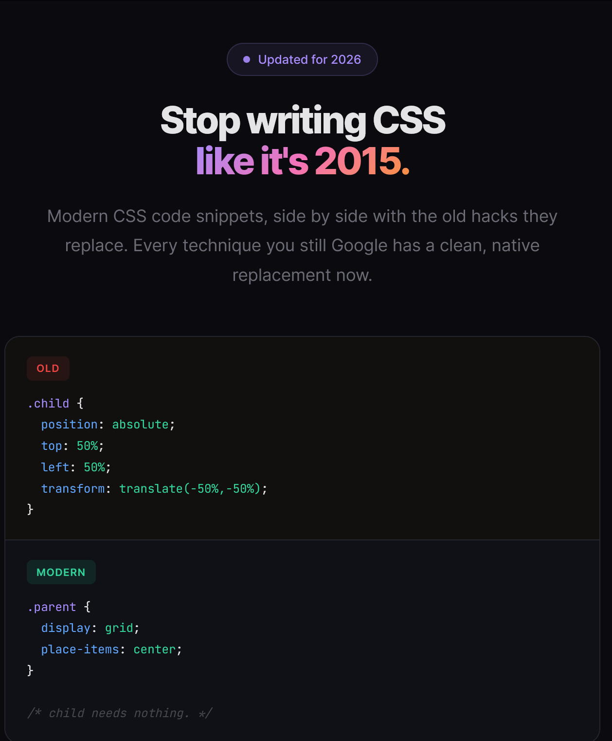 modern-css.com/这个网站教你不要再像2015年那样写css了列出了