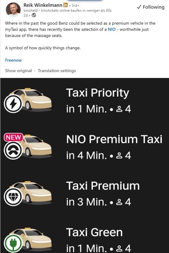 蔚来在欧洲豪华出租车里，开始把奔驰挤下去了。最近在 Free Now 里看到一个